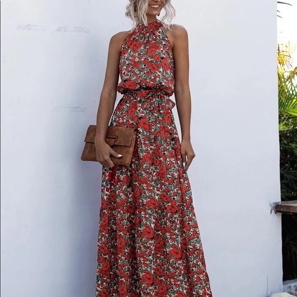 09 Boho Chic red Floral print Fabulous halter dress - Picture 3 of 5
